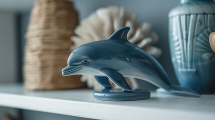 A ceramic dolphin figurine displayed on a white shelf - obrazy, fototapety, plakaty