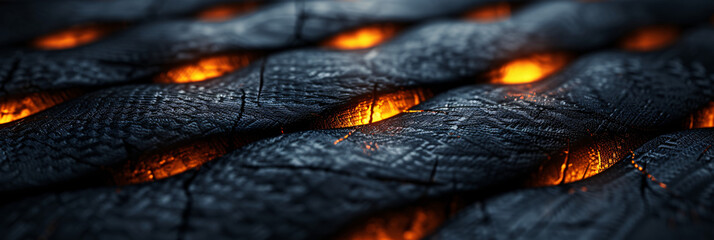 Glowing embers peek through dark, textured surfaces, illuminating intricate patterns