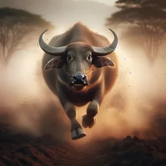 Photo sur Plexiglas Parc national du Cap Le Grand, Australie occidentale Aggressive Angry Brown Bull Buffalo Horde with Sharp Horns Looking and Running in Dirt Road Forest Towards the Camera in Cloud Trail of Dust Everywhere. Wildlife Animal, Mammal, Safari, Wild, Nature.