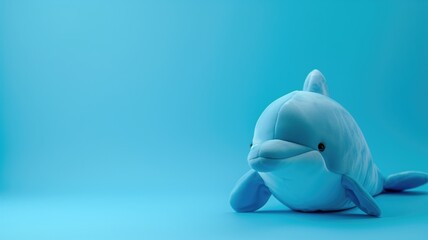 Plush dolphin toy on a blue background - obrazy, fototapety, plakaty