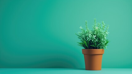 Potted herb plant against a teal background