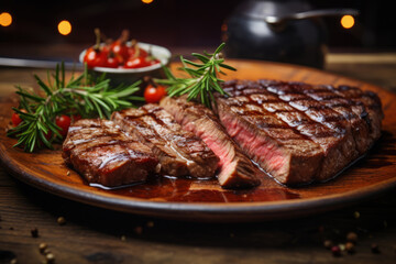Grilled steak medium rare with rosemary on a plate on wooden table - obrazy, fototapety, plakaty