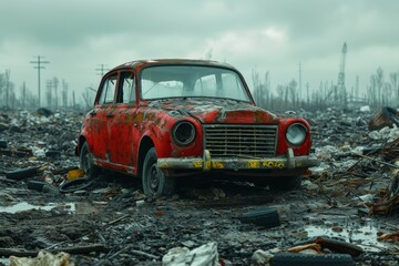 A once cherished red car now sits abandoned in a desolate wasteland, surrounded by mountains of trash and rusted debris, its wheels stuck in the unforgiving ground as the sky above looks on in disapp