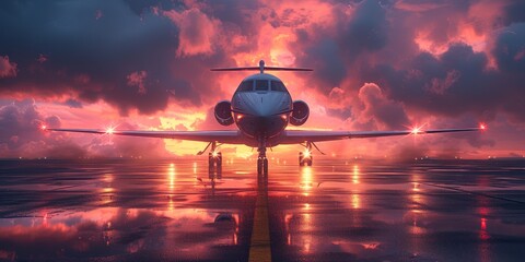 A sleek aircraft sits on the runway, its powerful engines ready for takeoff as the vibrant sunset paints the sky with a fiery glow, symbolizing the limitless possibilities of air travel and the ingen - obrazy, fototapety, plakaty