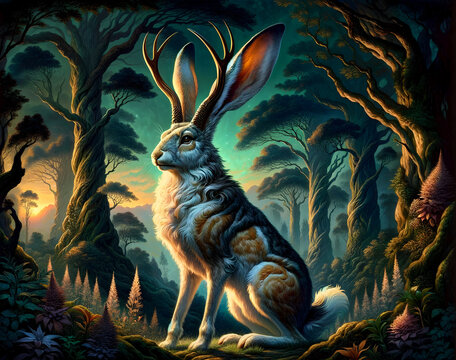 illustration of the mythological creature, the Jackalope, set in a mystical forest at twilight