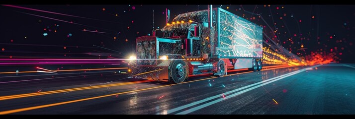 Fototapeta na wymiar Semitruck made of digital data in virtual reality metaverse. Smart transportation, trucking, and transport concept