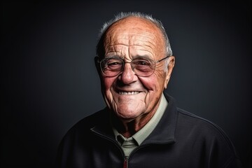 Portrait of a senior man with glasses smiling over black background.
