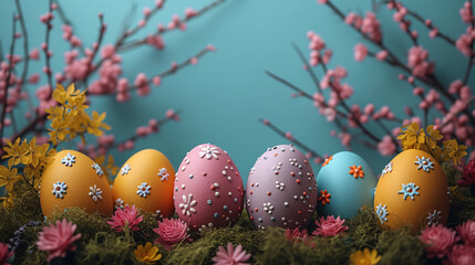Colorful Easter eggs and blossoming flowers on a teal background.