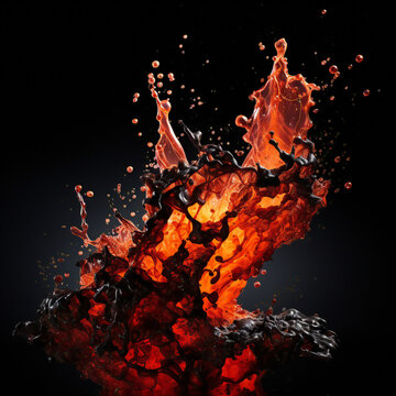 Explosion red lava with smoke isolated on black background.