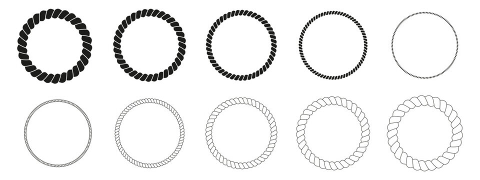 Set of round rope frames. Cord, thread, cable, twine, jute circular borders isolated on white background. Design elements on maritime, sailor, yacht, nautical theme. Vector outline illustration.