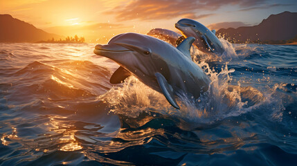 Image of A pod of dolphins frollicking in the evening sun - warm orange sunset in the background and a group of adult dolphins jumping out of the water playing in the bay.
printed on Printed Glass Splashbacks