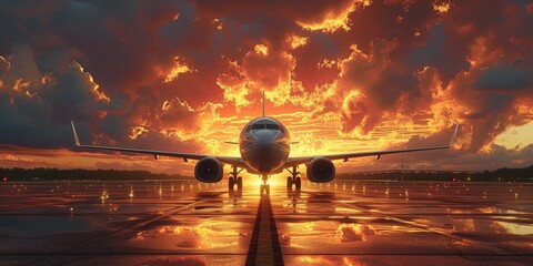 As the sun dips below the horizon, a massive airliner sits poised on the tarmac, its powerful engines ready to propel it through the clouds and into the sky, carrying its passengers on a journey of a