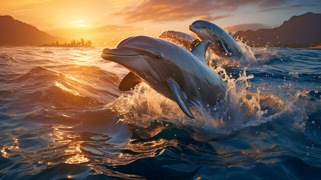 A pod of dolphins frollicking in the evening sun - warm orange sunset in the background and a group of adult dolphins jumping out of the water playing in the bay.

