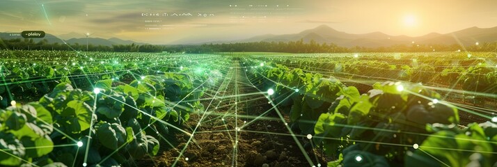 Modern farm with augmented reality digital overlay. Agribusiness and technology concept with VR metaverse digital twin
