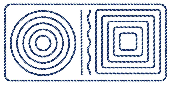Set of round and square rope frames, straight and wavy cord borders isolated on white background. Thread, twine, jute, cable elements. Maritime, yacht, sea, ocean ornaments. Vector flat illustration