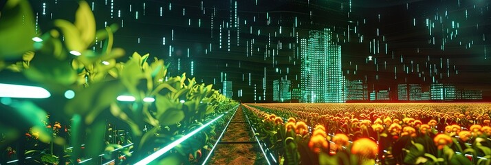 Modern farm with augmented reality digital overlay. Agribusiness and technology concept with VR metaverse digital twin - obrazy, fototapety, plakaty