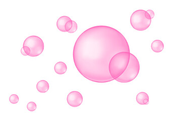Pink glass or plastic balls. Strawberry bubble gum texture. Soap foam, bath suds, cleanser liquid, sweet fizzy water. Glutathione, bakuchiol, rose oil, serum drops. Vector realistic illustration.