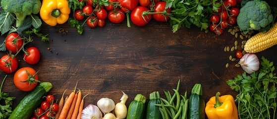Vegetables on wood. Healthy various vegetable food, herbs and spices. Space for text