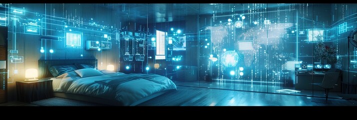 Bedroom with Blue digital data for smart home concept in the Internet of Things metaverse