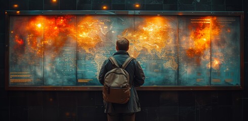 A lone figure clad in dark clothing stands under the dim streetlight, studying a map intently as the night wears on inside