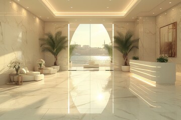 A modern, minimalist lobby with clean white furniture, a towering houseplant, and a sunlit window bringing the outside in