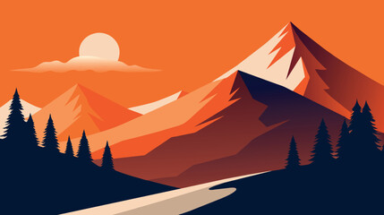 Serene mountain landscape with sunset and pine trees