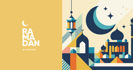 Stylized vector illustration of Ramadan Kareem with a crescent moon, stars, traditional lantern, and mosque silhouette. - obrazy, fototapety, plakaty