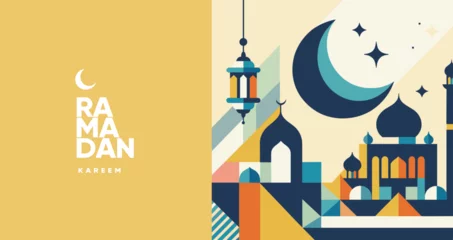 Fotobehang Stylized vector illustration of Ramadan Kareem with a crescent moon, stars, traditional lantern, and mosque silhouette. © Molibdenis-Studio
