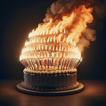 AI-generated image of a birthday cake with so many candles it's a blazing inferno