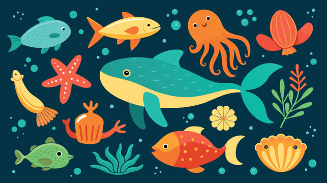 Colorful underwater sea life illustration with various fish