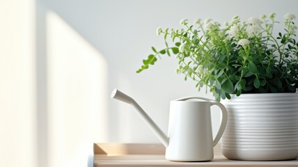 Indoor plant and watering can on a sunny windowsill