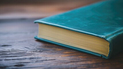 A closed book with a teal cover on a wooden surface