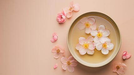 Cherry blossoms in a bowl on pink surface