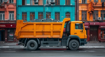 A sturdy yellow truck with a bed full of rocks sits parked on the street, its tires ready to roll and transport materials for building, embodying the industrious spirit of the city
