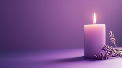 Obraz na płótnie Canvas Candle with lavender on purple background