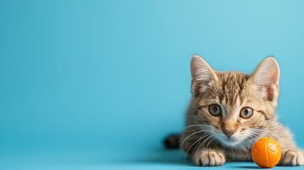 Kitten with a ball on blue background