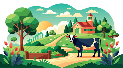 Idyllic farm scene with cow and charming country house