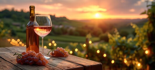 Glass Of Wine With Grapes And Barrel On A Sunny Background. Italy Tuscany Region Banner