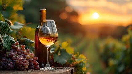 Glass Of Wine With Grapes And Barrel On A Sunny Background. Italy Tuscany Region Banner
