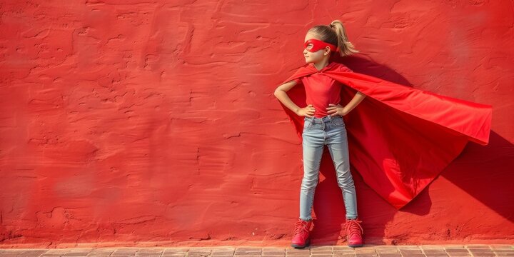 A Child in a Superhero Costume Stands Boldly in the Sunset, Embodying the Spirit of Adventure and Bravery, Generative AI
