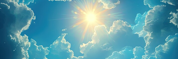 Animated cartoon sun in the bright blue cloudy sky - obrazy, fototapety, plakaty