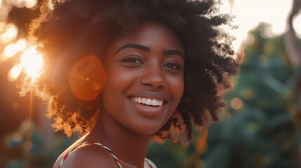 Beautiful african american girl with an afro hairstyle smiling - obrazy, fototapety, plakaty