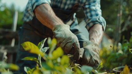 Close up of strong man in gloves cutting leaves in his garden. Farmer spending summer morning working in garden near countryside house.