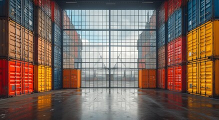 The expansive room was filled with natural light from the towering windows, reflecting the bustling cityscape and housing a collection of oversized containers - obrazy, fototapety, plakaty