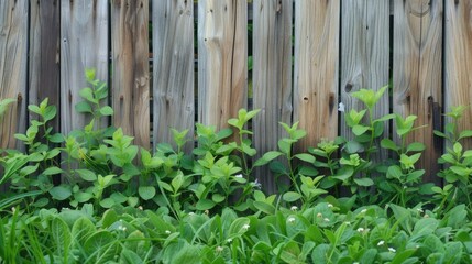 Fototapeta na wymiar Fresh spring green grass and leaf plant over wood fence background