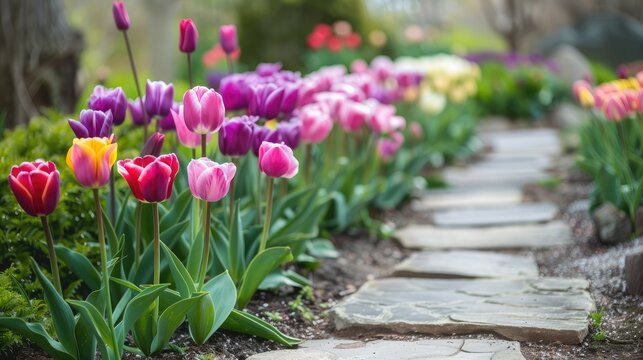 Colourful Tulips Flowerbeds and Stone Path in an Spring Formal Garden
