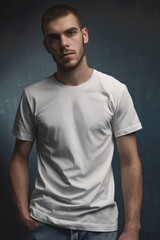 white men's tshirt print on demand mockup on man blurred background - generative ai