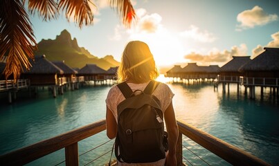 Tropical Serenity: Back View of a Happy Tourist Woman Relaxing on the Deck of an Overwater Bungalow in Bora Bora, Embracing the Tranquil Beauty of Sunset Over the Turquoise Lagoon.

