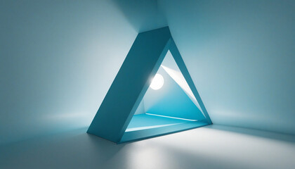3d render, abstract minimalist blue background. Bright light going through the triangular portal inside the dark empty room