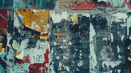 Grunge Wide Background with Old Torn Posters. Urban Graffiti Wall Texture. Grungy Ripped Wall with Torn Posters and Ads Background. Panoramic Urban Wallpaper. Graffiti Wall Texture.